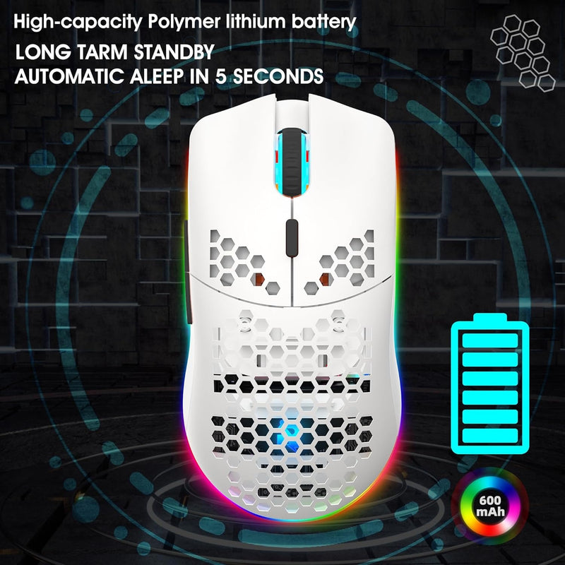 Ultralight Wireless Gaming Mouse – 2.4G Honeycomb RGB Mouse with 6 Programmable Buttons & Adjustable DPI