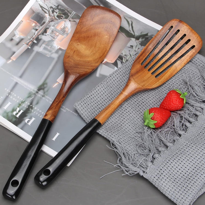Wooden Spatula Set – 2-Piece Teak Cooking Utensils Slotted & Flat Turners