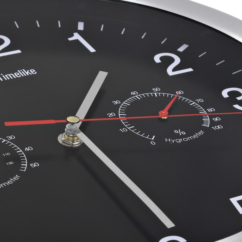 Black Wall Clock with Hygrometer & Thermometer – Quartz Silent Indoor Décor