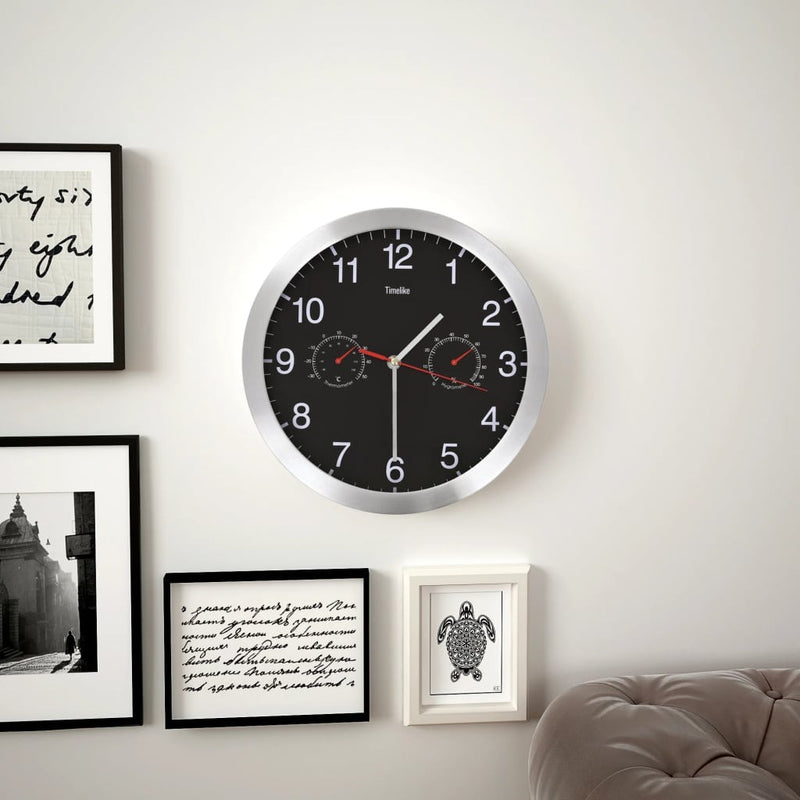 Black Wall Clock with Hygrometer & Thermometer – Quartz Silent Indoor Décor