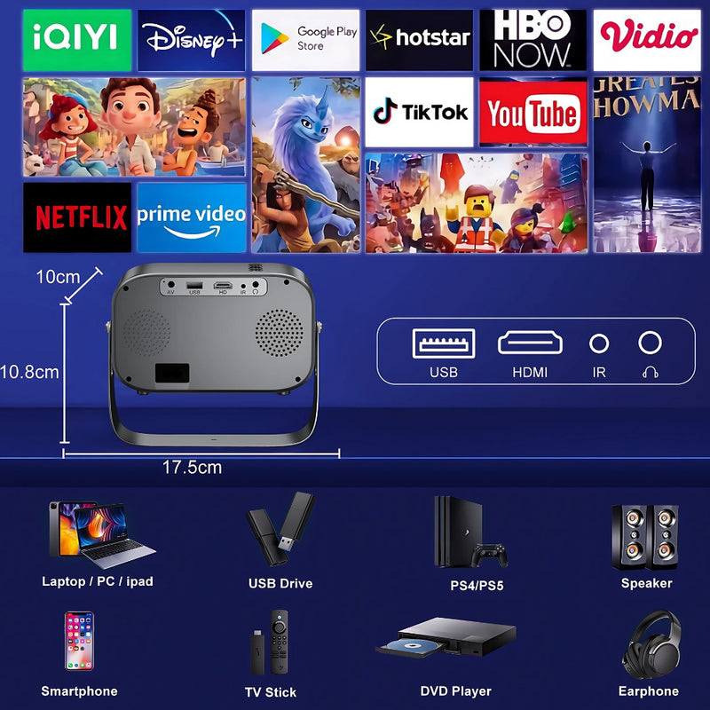 Smart WiFi Bluetooth Projector – 4K Support HDR10 Android 13 Auto Keystone & Focus
