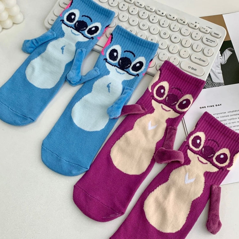 Stitch & Angel Magnetic Couple Socks – Cute Connected Cartoon Crew Socks Three Pack