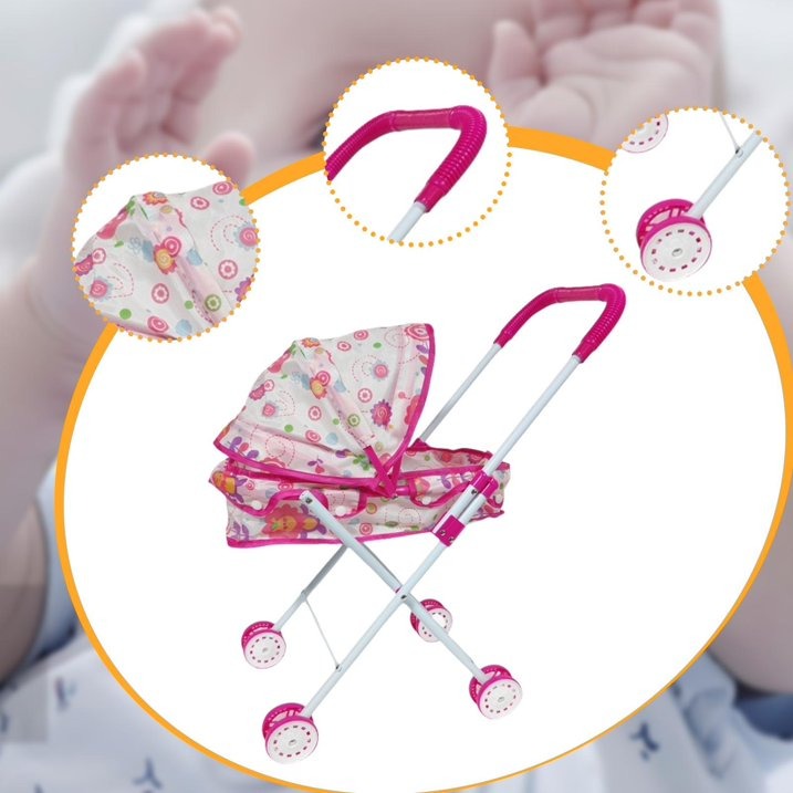 Foldable Doll Pram – Pretend Play Pushchair Toy with Lion Pattern