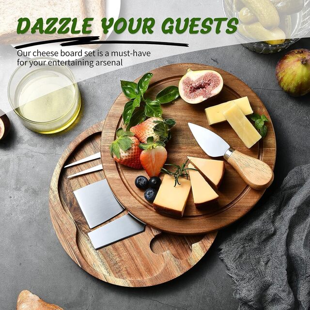 Round Acacia Wood Cheese Board Set – 4-Piece Charcuterie & Cutting Board with Knives