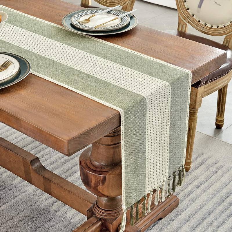 Cotton Linen Table Runner – Hand-Tassels Macrame Decor for Dining
