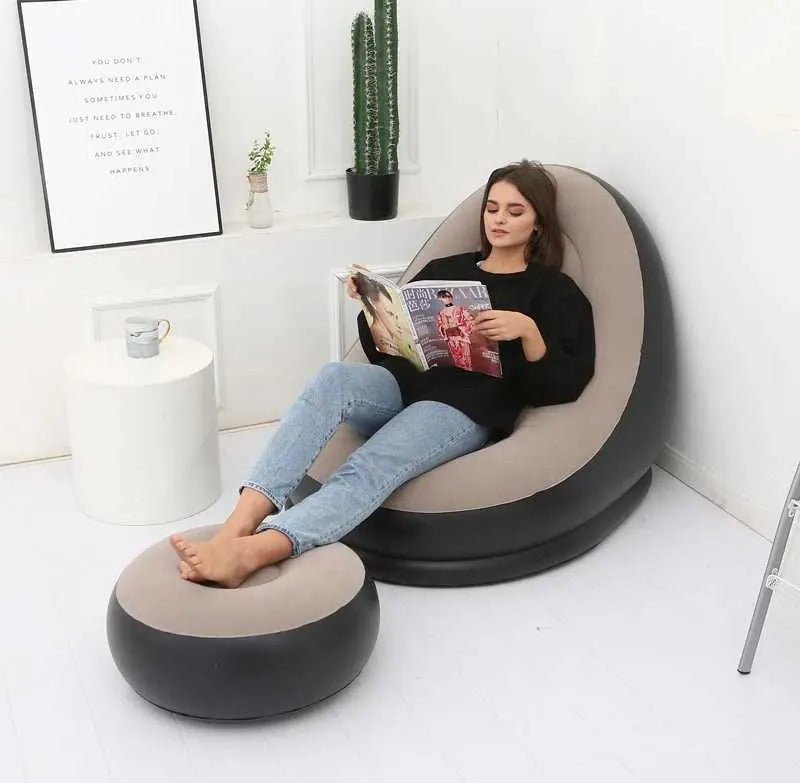 Inflatable Chair with Footrest – Portable Air Lounger Recliner with Foot Pump