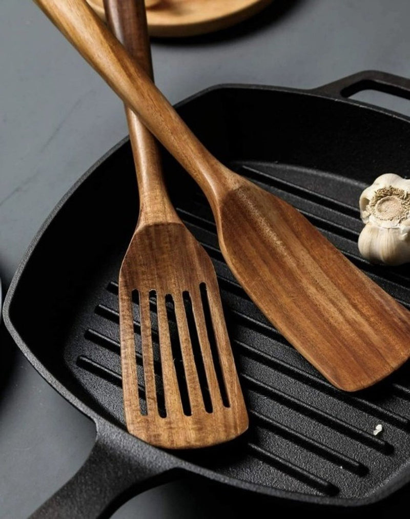 Wooden Spatula Set – 2-Piece Teak Cooking Utensils Slotted & Flat Turners