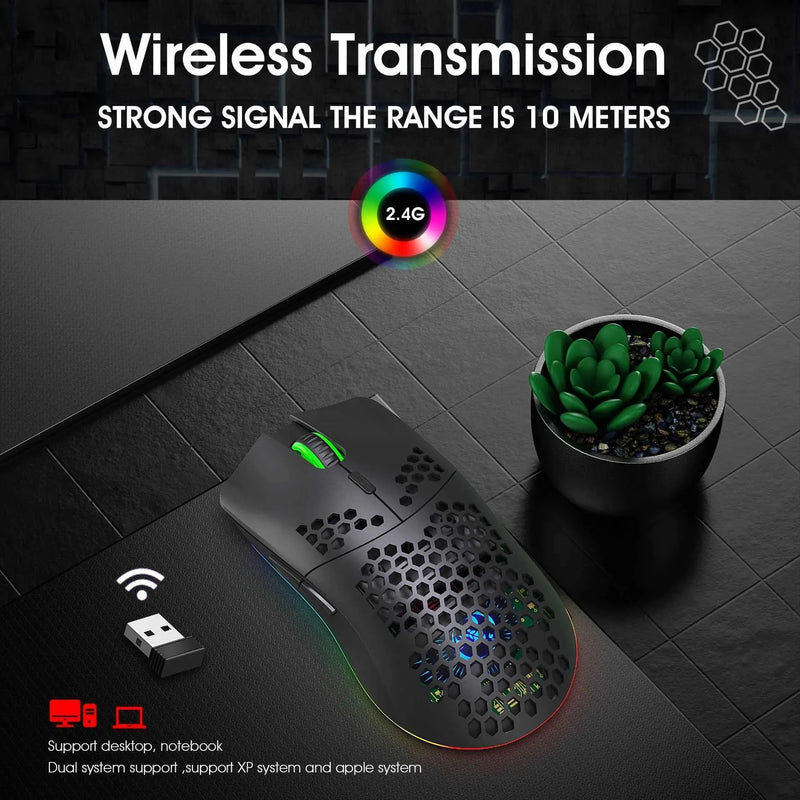 Ultralight Wireless Gaming Mouse – 2.4G Honeycomb RGB Mouse with 6 Programmable Buttons & Adjustable DPI