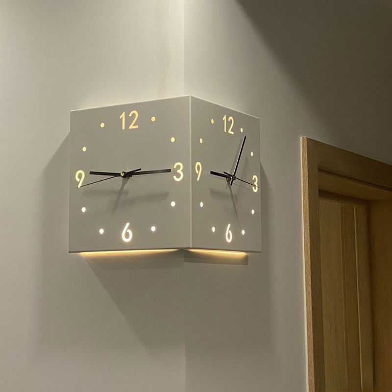 Double-Sided Corner Wall Clock with Light – Modern Creative Two-Face Design for Living Room Decor