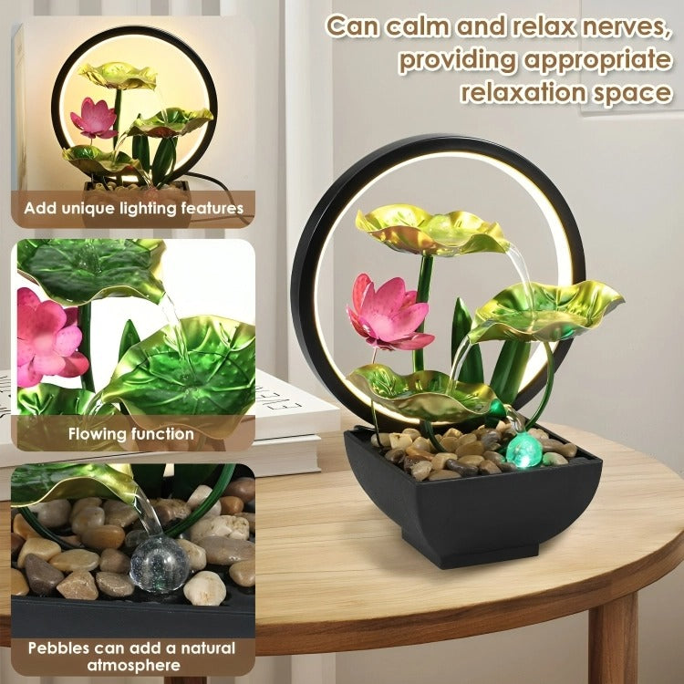 Tabletop Water Feature – 3-Tier Lotus Leaf Fountain with LED Light & Pebbles