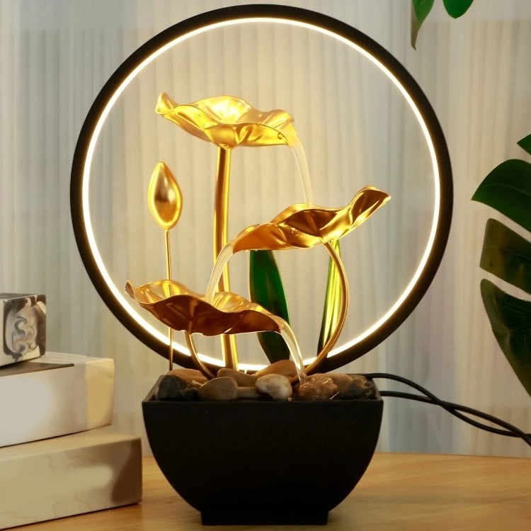 Tabletop Water Feature – 3-Tier Lotus Leaf Fountain with LED Light & Pebbles