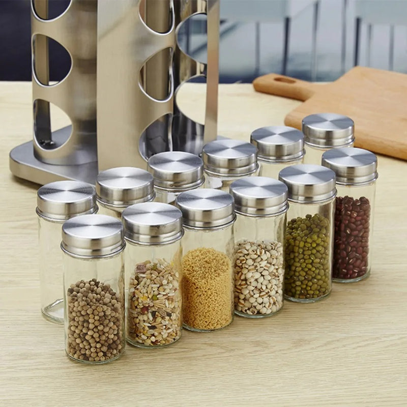 Rotating Spice Rack with 12 Glass Jars – 360° Stainless Steel Kitchen Organiser