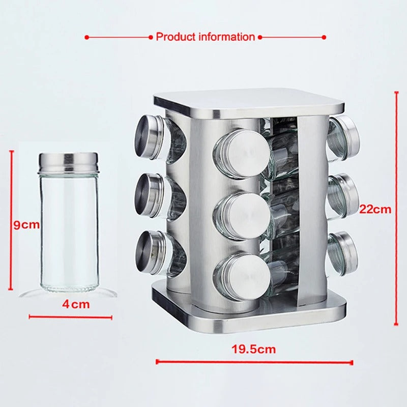Rotating Spice Rack with 12 Glass Jars – 360° Stainless Steel Kitchen Organiser