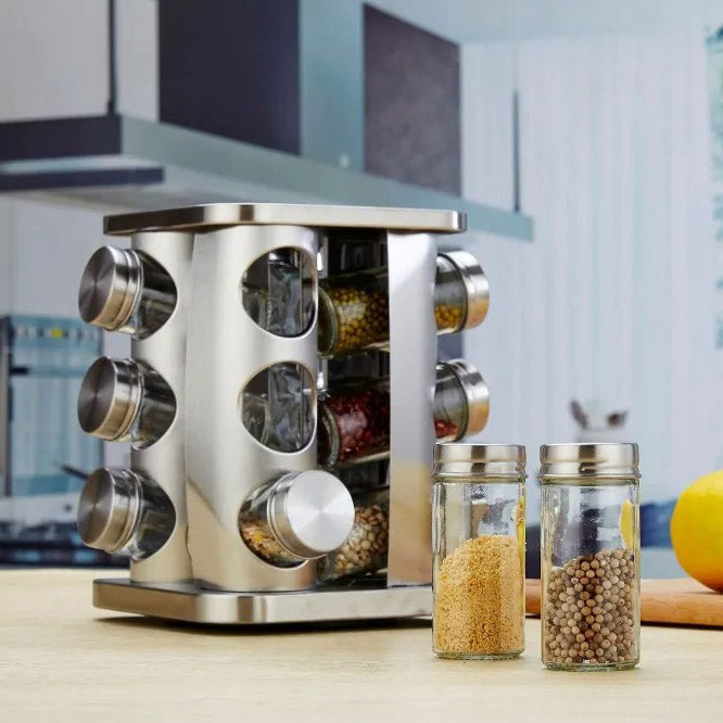 Rotating Spice Rack with 12 Glass Jars – 360° Stainless Steel Kitchen Organiser