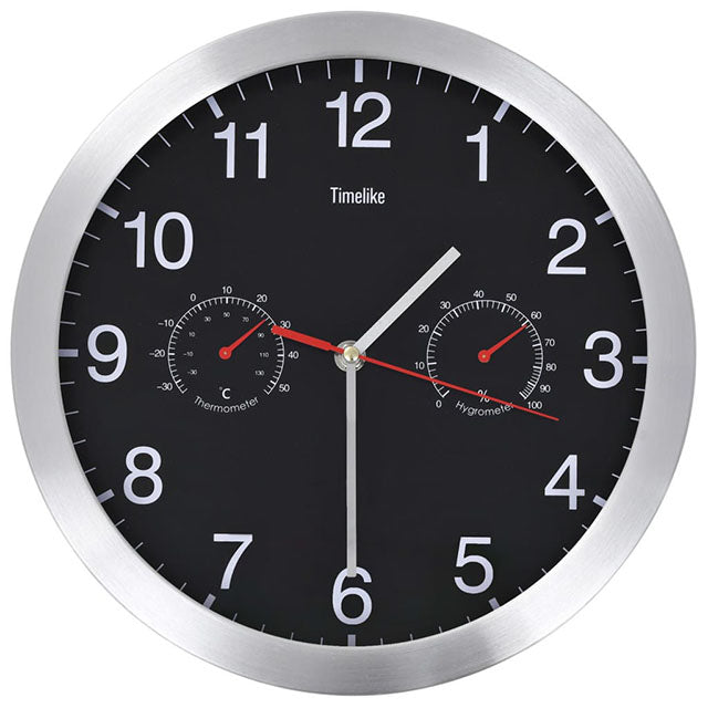 Black Wall Clock with Hygrometer & Thermometer – Quartz Silent Indoor Décor