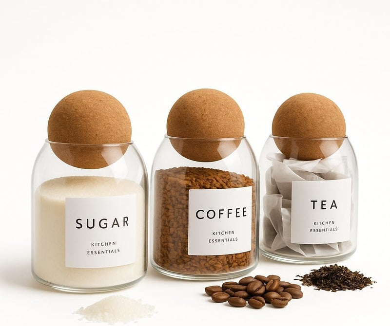 Set of 3 Glass Coffee Tea & Sugar Canisters – 500ml Jars with Elegant Cork Ball Lids