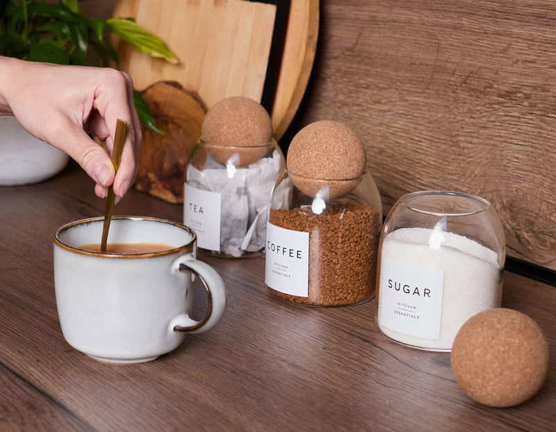 Set of 3 Glass Coffee Tea & Sugar Canisters – 500ml Jars with Elegant Cork Ball Lids