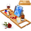 Bamboo Bathtub Caddy Tray – Expandable Foldable Bath Shelf with Book & Wine Holder