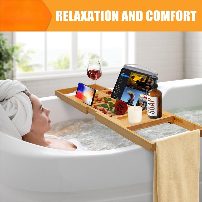 Bamboo Bathtub Caddy Tray – Expandable Foldable Bath Shelf with Book & Wine Holder