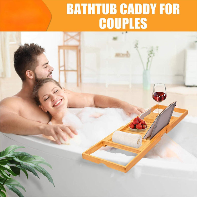 Bamboo Bathtub Caddy Tray – Expandable Foldable Bath Shelf with Book & Wine Holder