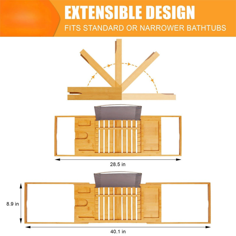 Bamboo Bathtub Caddy Tray – Expandable Foldable Bath Shelf with Book & Wine Holder