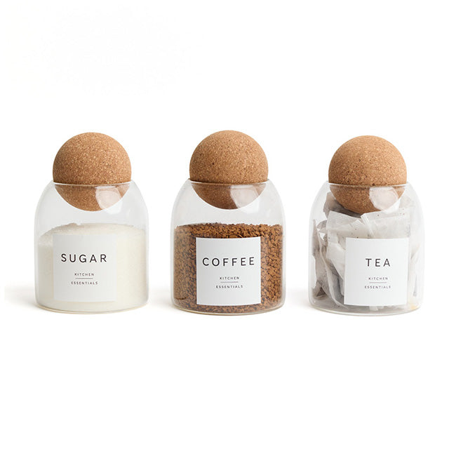 Set of 3 Glass Coffee Tea & Sugar Canisters – 500ml Jars with Elegant Cork Ball Lids