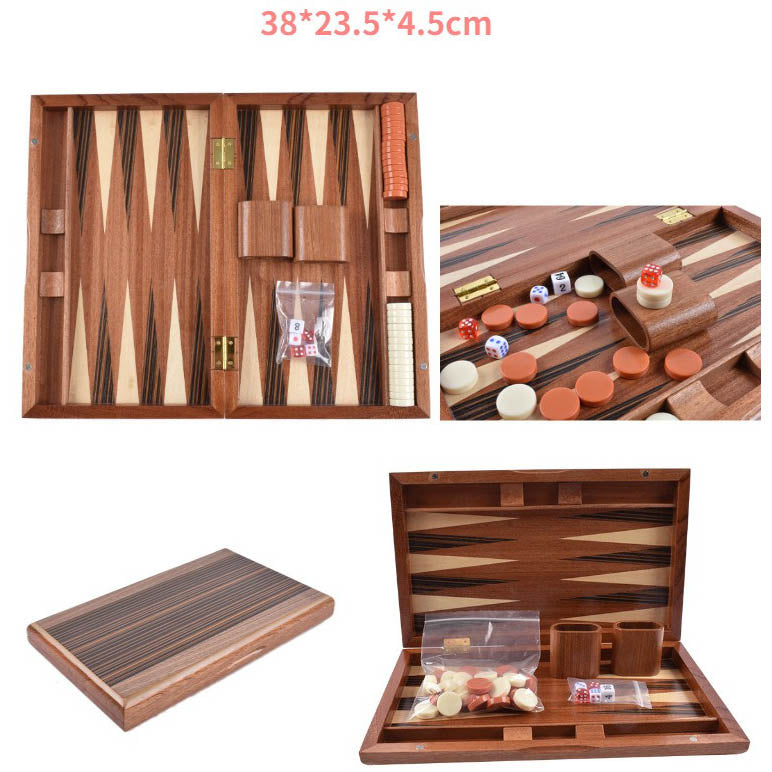 Wooden Inlaid Backgammon Set– 15" Folding Board with Acrylic Pieces & Dice Cups