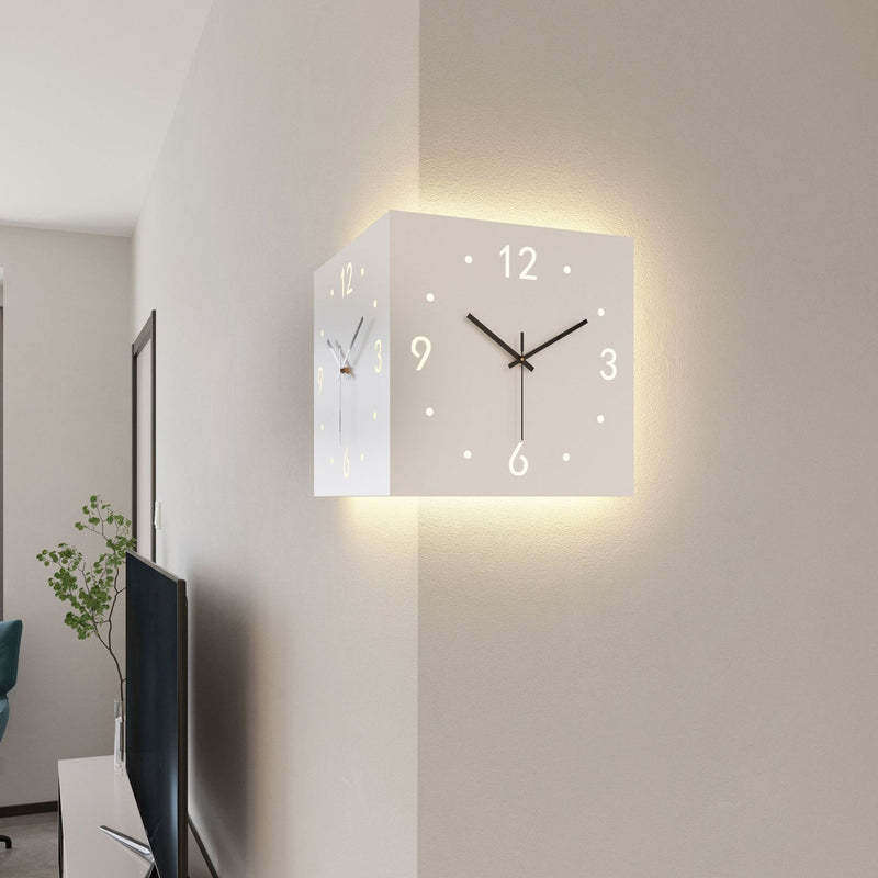 Double-Sided Corner Wall Clock with Light – Modern Creative Two-Face Design for Living Room Decor