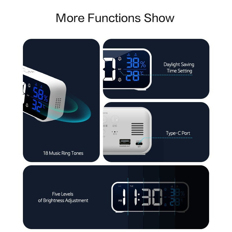 LED Voice-Controlled Alarm Clock – Mirror Display Temp & Humidity Dual Alarms