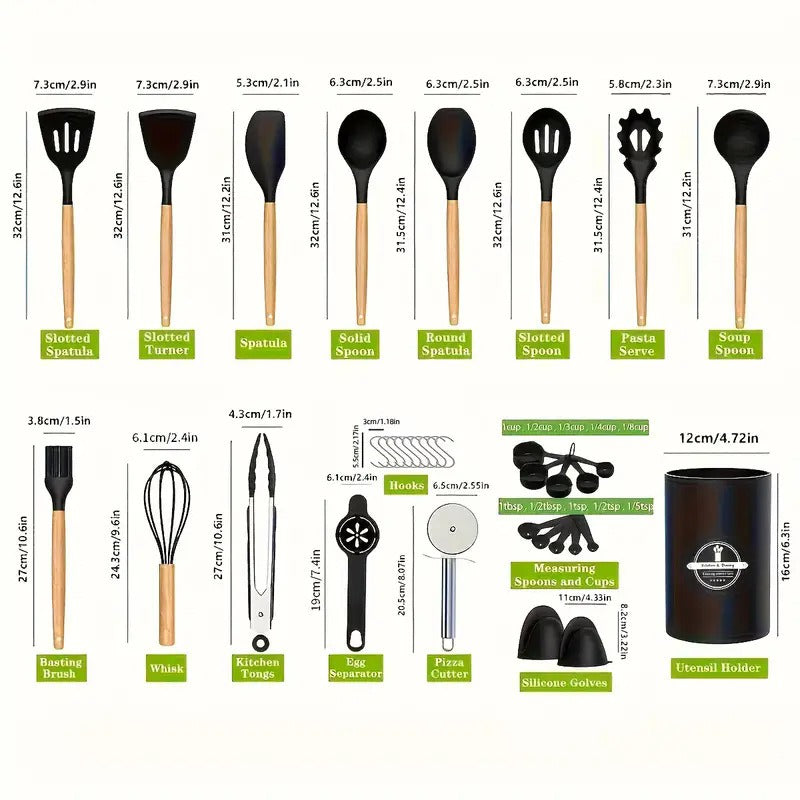 37-Piece Kitchen Utensils Set – Heat-Resistant Silicone Cooking Tools with Wooden Handles