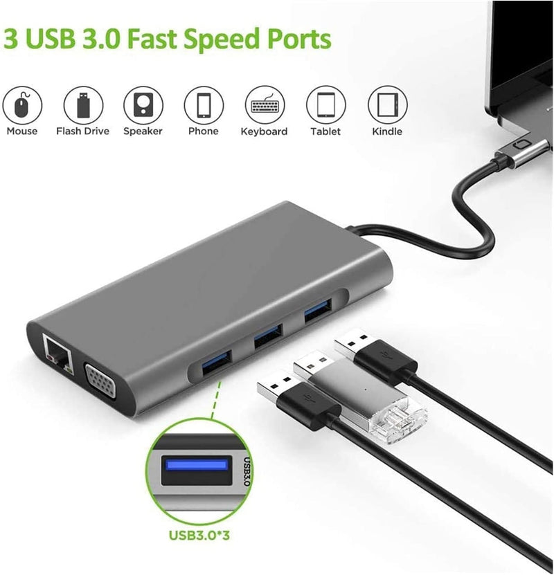 USB-C Docking Station 10-in-1 – Dual Monitor HDMI VGA RJ45 Ethernet USB Ports