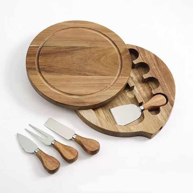 Round Acacia Wood Cheese Board Set – 4-Piece Charcuterie & Cutting Board with Knives