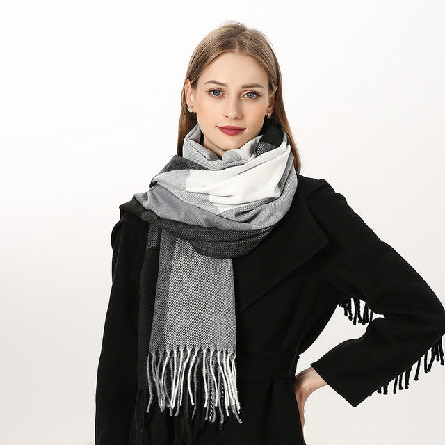 Plaid Knitted Winter Scarf – Cozy Oversized Shawl with Tassels for Women