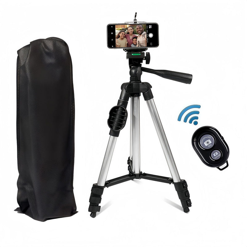 Camera Tripod Stand with Phone Holder & Bluetooth Remote – 4 Height Setting Compatible with IOS and Android