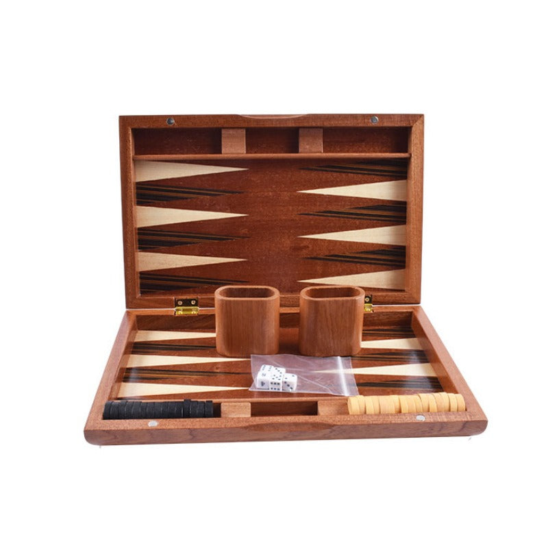 Wooden Inlaid Backgammon Set– 15" Folding Board with Acrylic Pieces & Dice Cups
