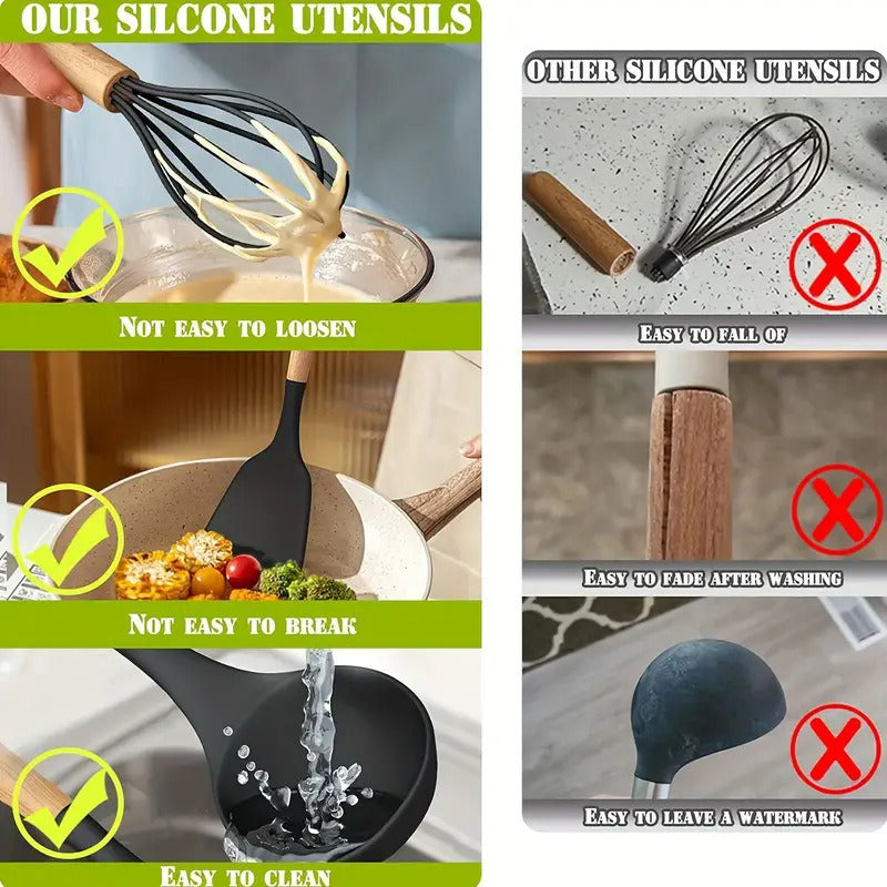 37-Piece Kitchen Utensils Set – Heat-Resistant Silicone Cooking Tools with Wooden Handles