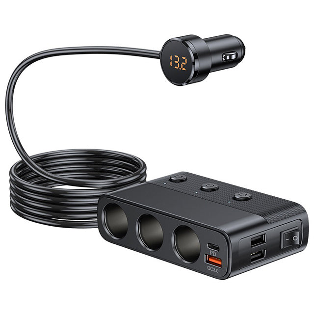 7-in-1 Car Cigarette Lighter Adapter – 128W, USB & Voltage Display