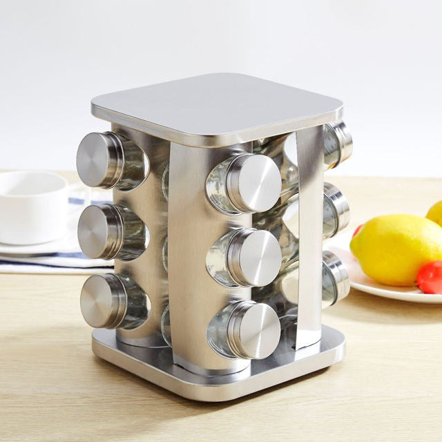 Rotating Spice Rack with 12 Glass Jars – 360° Stainless Steel Kitchen Organiser