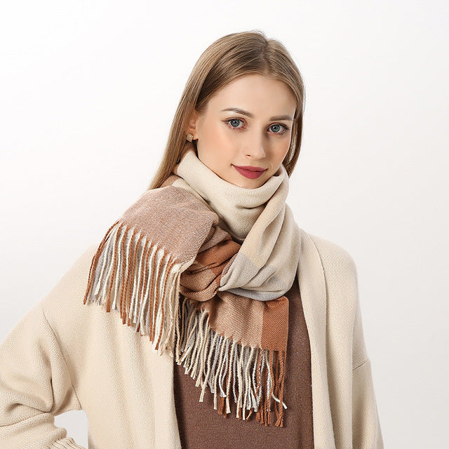 Plaid Knitted Winter Scarf – Cozy Oversized Shawl with Tassels for Women
