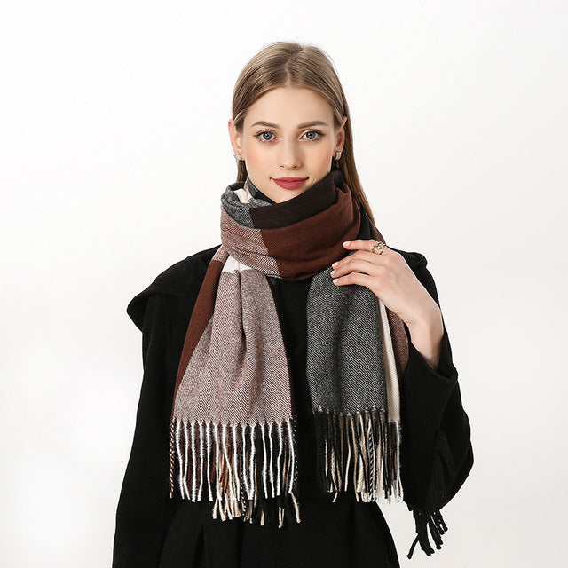 Plaid Knitted Winter Scarf – Cozy Oversized Shawl with Tassels for Women