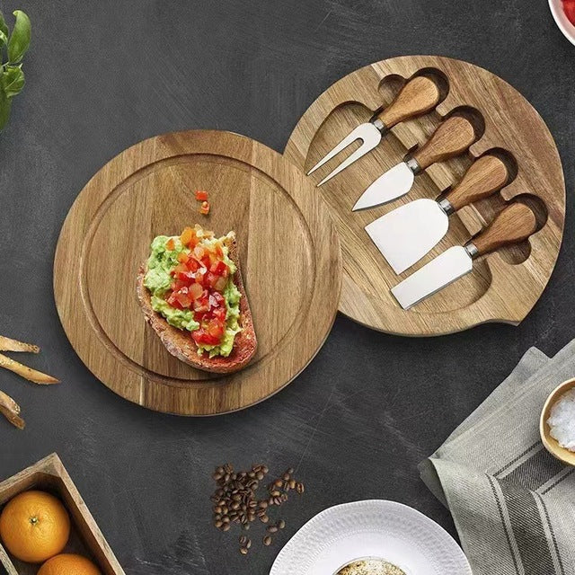Round Acacia Wood Cheese Board Set – 4-Piece Charcuterie & Cutting Board with Knives