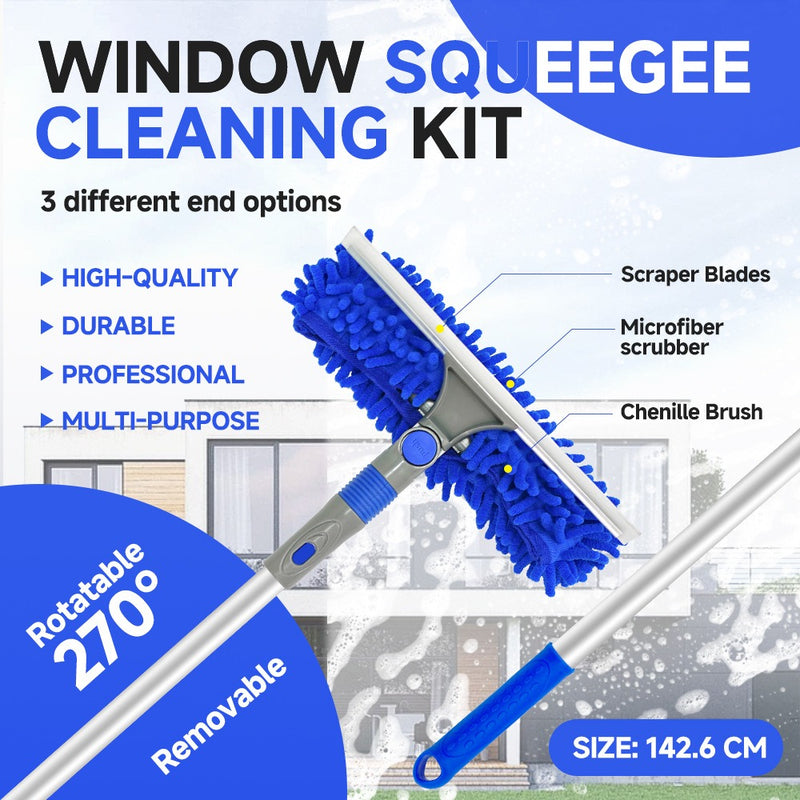 3-in-1 Long Pole Window Cleaner Kit – Double-Sided Glass Wiper for Household Cleaning