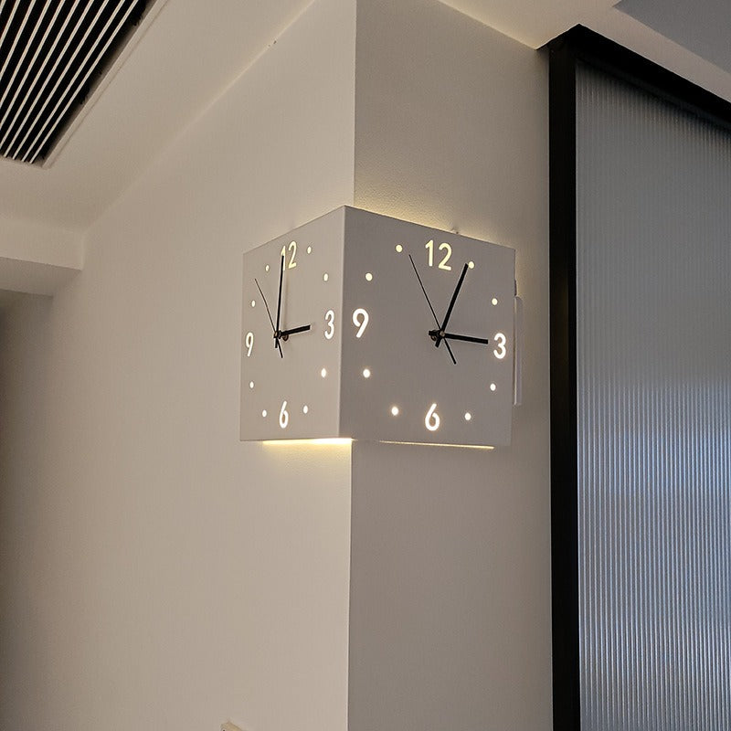 Double-Sided Corner Wall Clock with Light – Modern Creative Two-Face Design for Living Room Decor