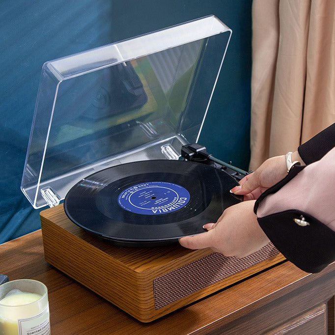 Portable Retro Vinyl Record Player – 3-Speed Turntable with Bluetooth Built-in Speakers & Dust Cover