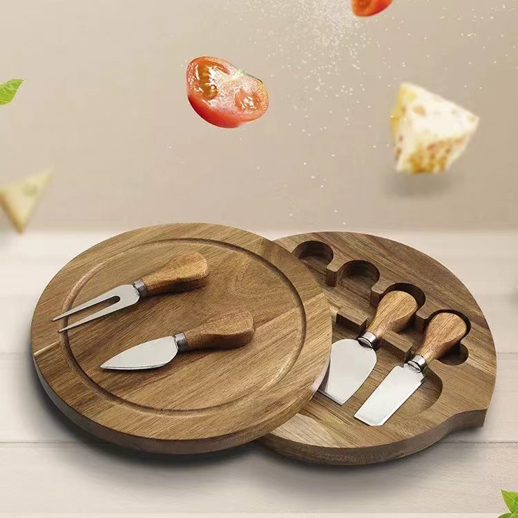 Round Acacia Wood Cheese Board Set – 4-Piece Charcuterie & Cutting Board with Knives
