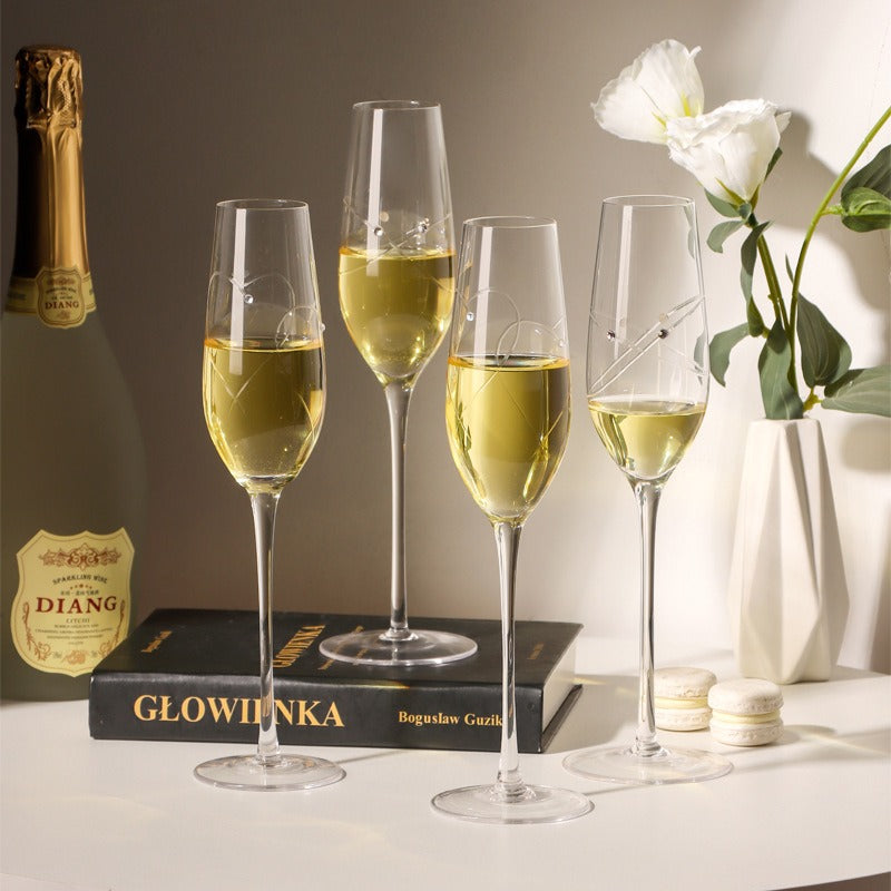 Engraved Crystal Champagne Flutes – Pack of 2 Carved Design High-Foot Glasses