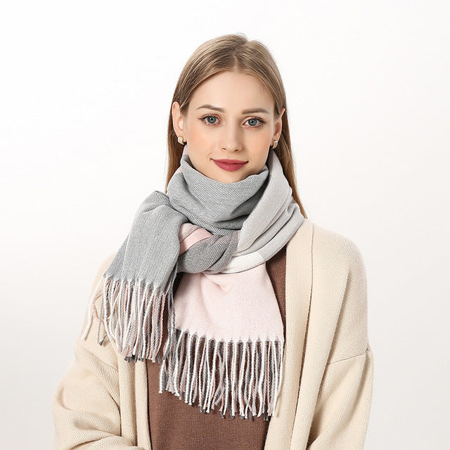 Plaid Knitted Winter Scarf – Cozy Oversized Shawl with Tassels for Women