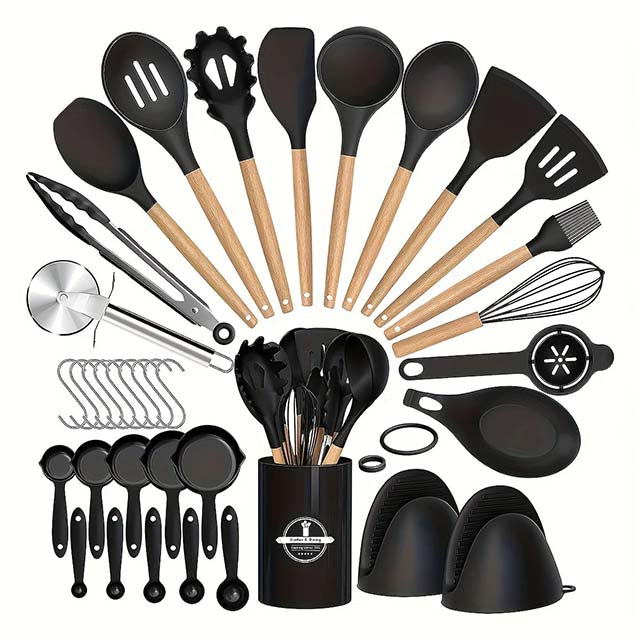 37-Piece Kitchen Utensils Set – Heat-Resistant Silicone Cooking Tools with Wooden Handles