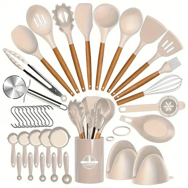 37-Piece Kitchen Utensils Set – Heat-Resistant Silicone Cooking Tools with Wooden Handles