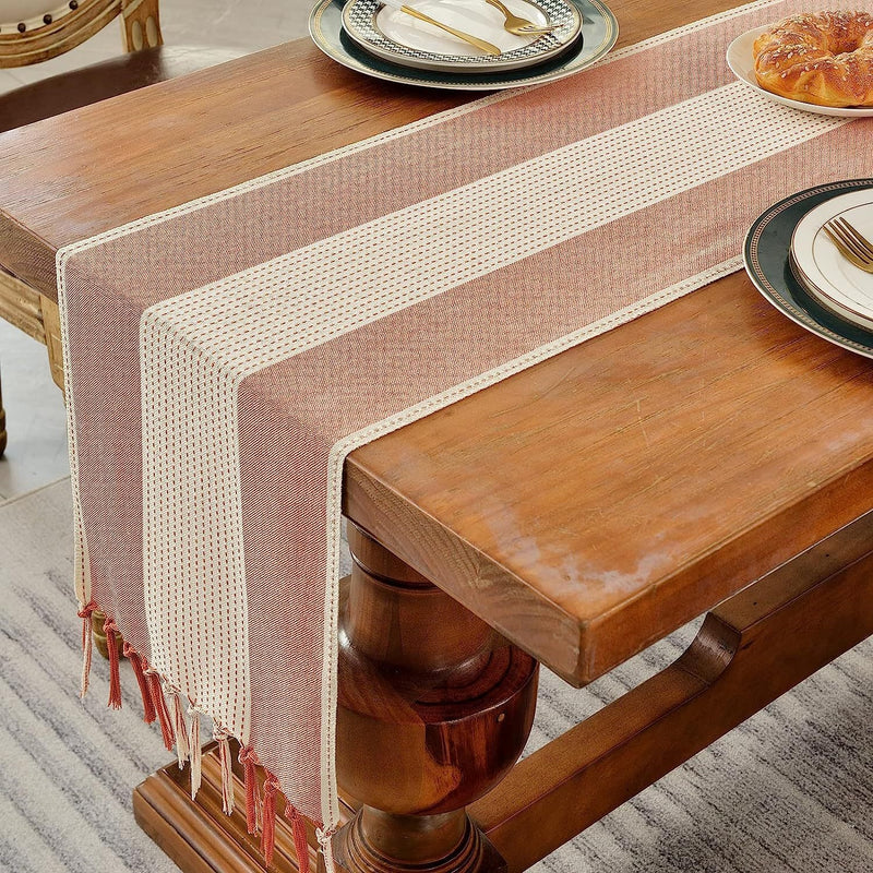 Cotton Linen Table Runner – Hand-Tassels Macrame Decor for Dining